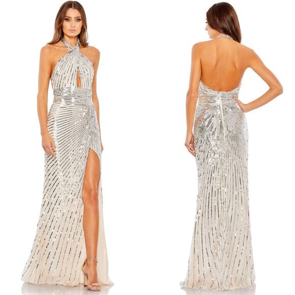 Mac Duggal Silver Embellished Keyhole Halter Strap Draped Gown Size 10 $498 5650 - Picture 11 of 12